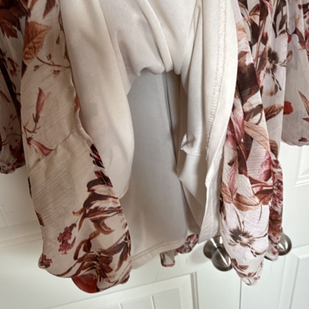 H&M Ivory Red Floral Chiffon Mini Dress 2 V-Neck Balloon Long Sleeve Lined - Picture 4 of 13